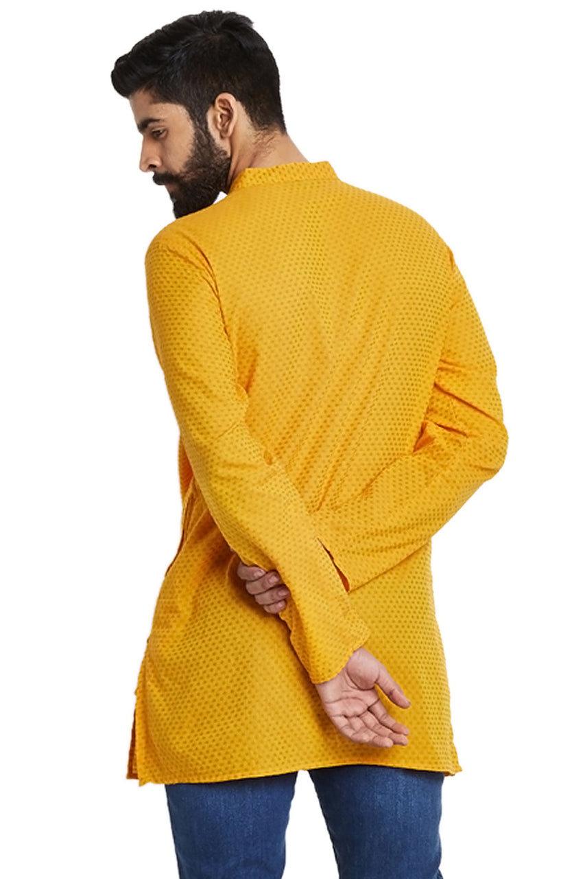Shatranj Men's Indian Mandarin Collar Summer Sunshine Dobby Print Kurta Tunic