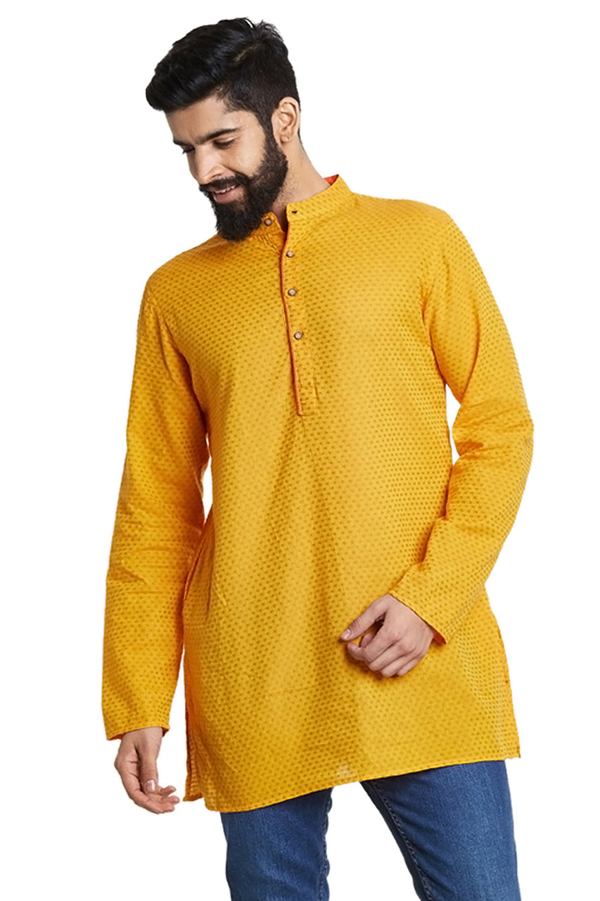 Shatranj Men's Indian Mandarin Collar Summer Sunshine Dobby Print Kurta Tunic