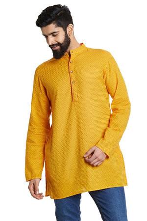 Shatranj Men's Indian Mandarin Collar Summer Sunshine Dobby Print Kurta Tunic
