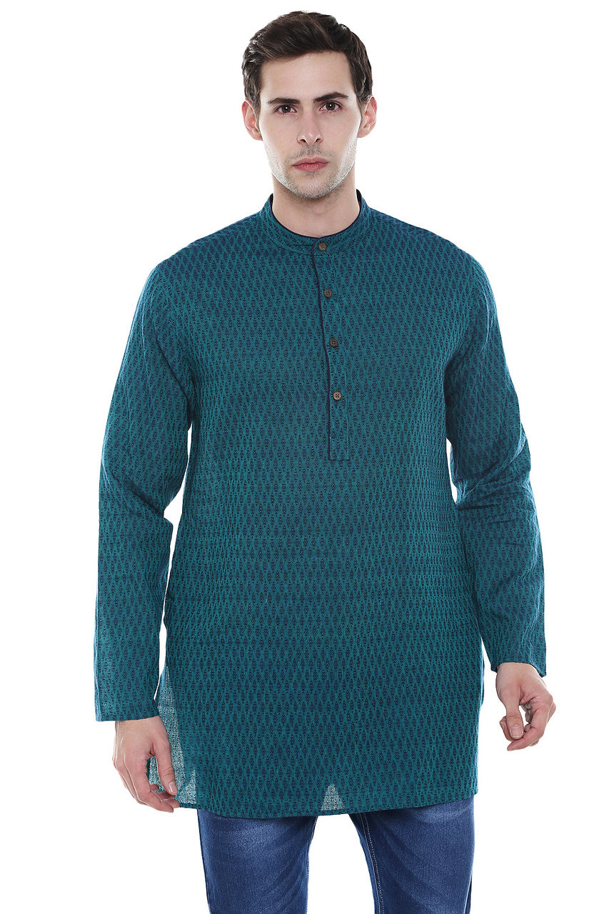 Men's Kurta Tunic - French Water Blue Pure Cotton Fabric -  Front | In-Sattva