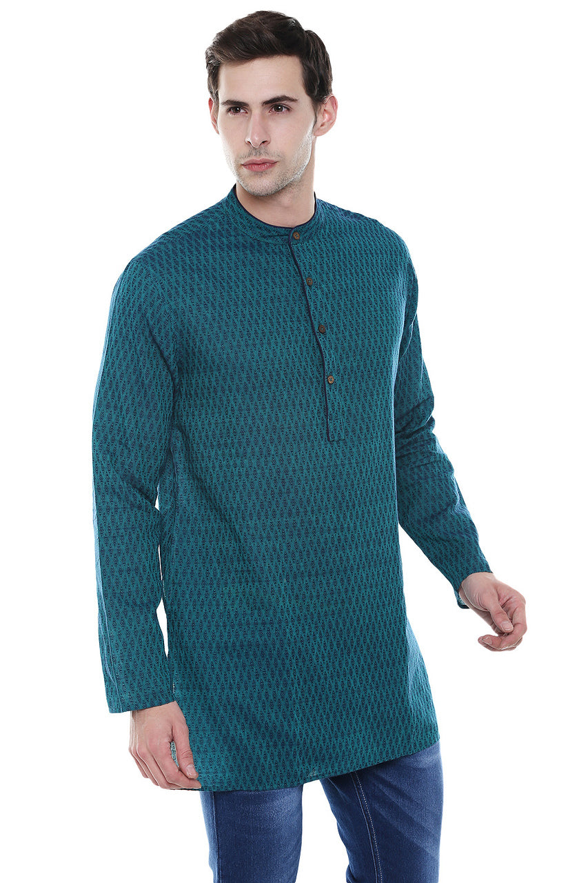 Men's Kurta Tunic - French Water Blue Pure Cotton Fabric -  Side | In-Sattva