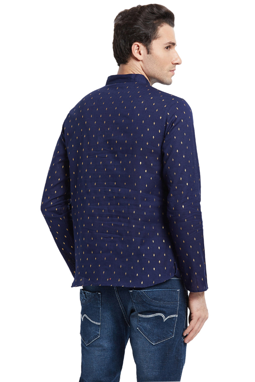 Navy Blue Men's Untucked Printed Kurta Tunic - Back | In-Sattva