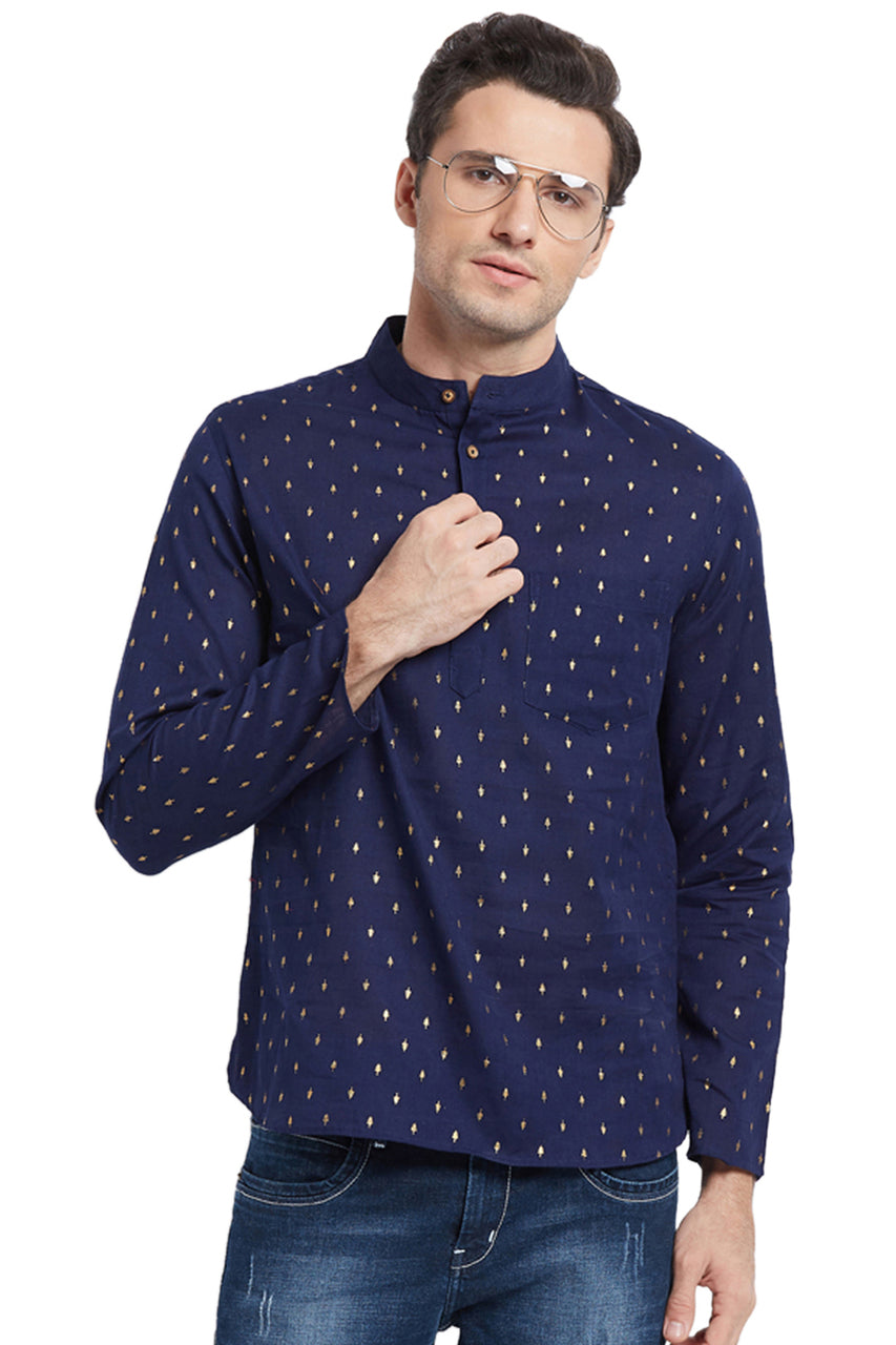 Navy Blue Men's Untucked Printed Kurta Tunic - Front | In-Sattva