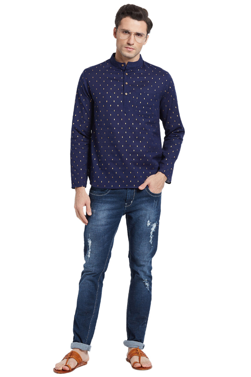 Navy Blue Men's Untucked Printed Kurta Tunic - Full Display | In-Sattva