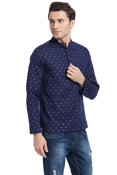Navy Blue Men's Untucked Printed Kurta Tunic - Side | In-Sattva