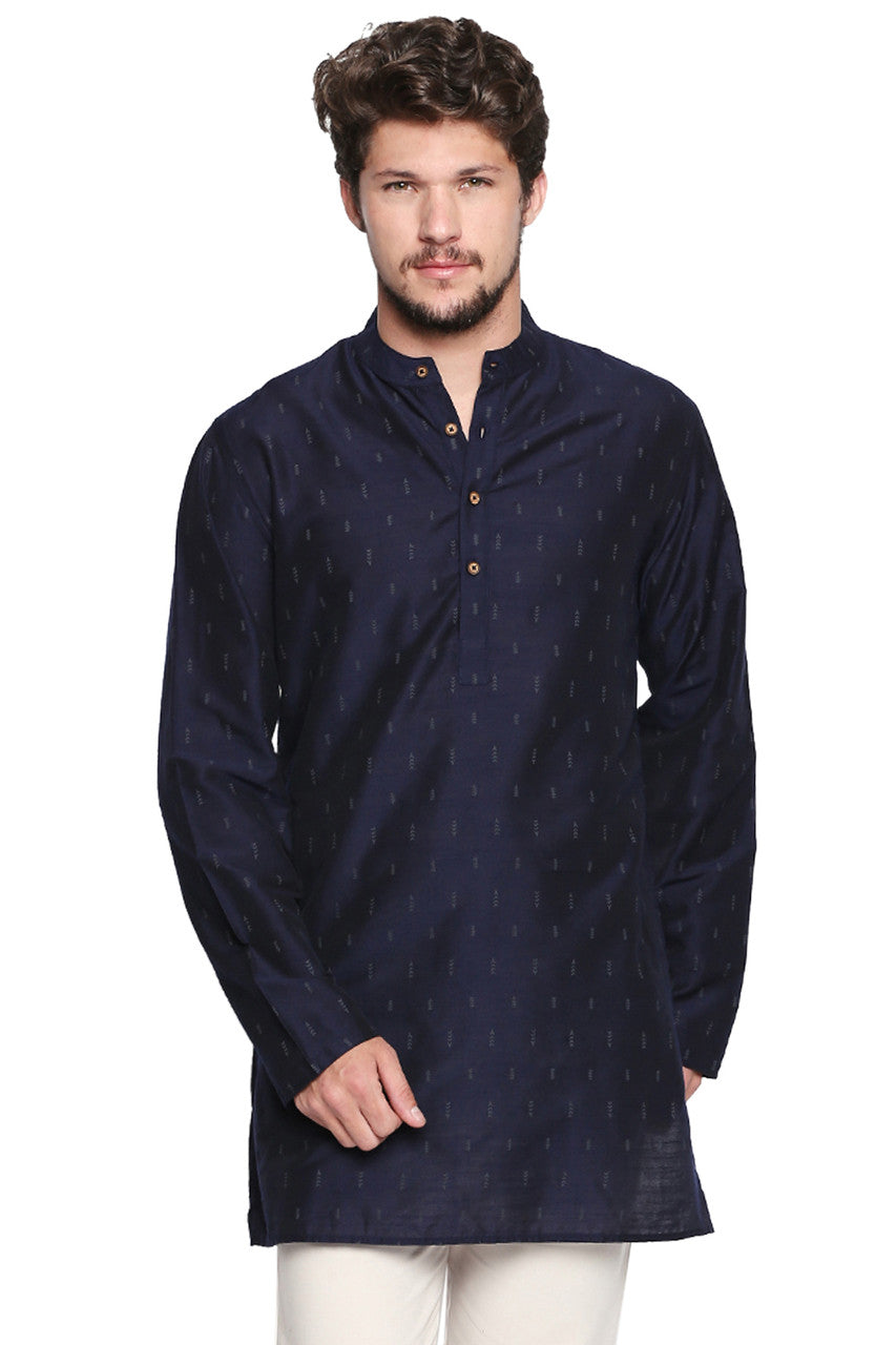 Shatranj Men's Indian Banded Collar Mid-Length Tunic Kurta Micro Dobby Pattern Navy