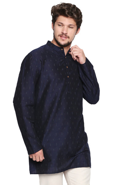 Shatranj Men's Indian Banded Collar Mid-Length Tunic Kurta Micro Dobby Pattern Navy