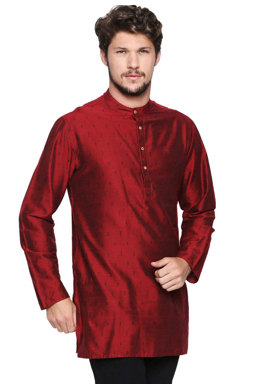 Shatranj Men's Indian Banded Collar Mid-Length Tunic Kurta Micro Dobby Pattern Maroon