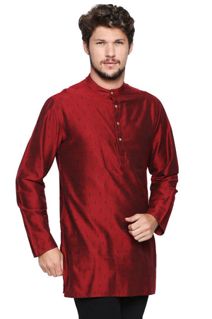 Shatranj Men's Indian Banded Collar Mid-Length Tunic Kurta Micro Dobby Pattern Maroon