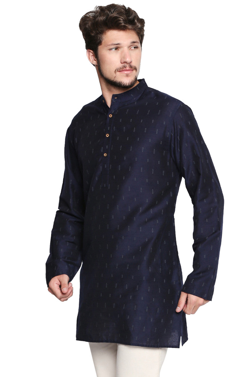 Shatranj Men's Indian Banded Collar Mid-Length Tunic Kurta Micro Dobby Pattern Navy