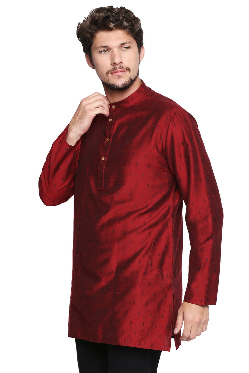 Shatranj Men's Indian Banded Collar Mid-Length Tunic Kurta Micro Dobby Pattern Maroon