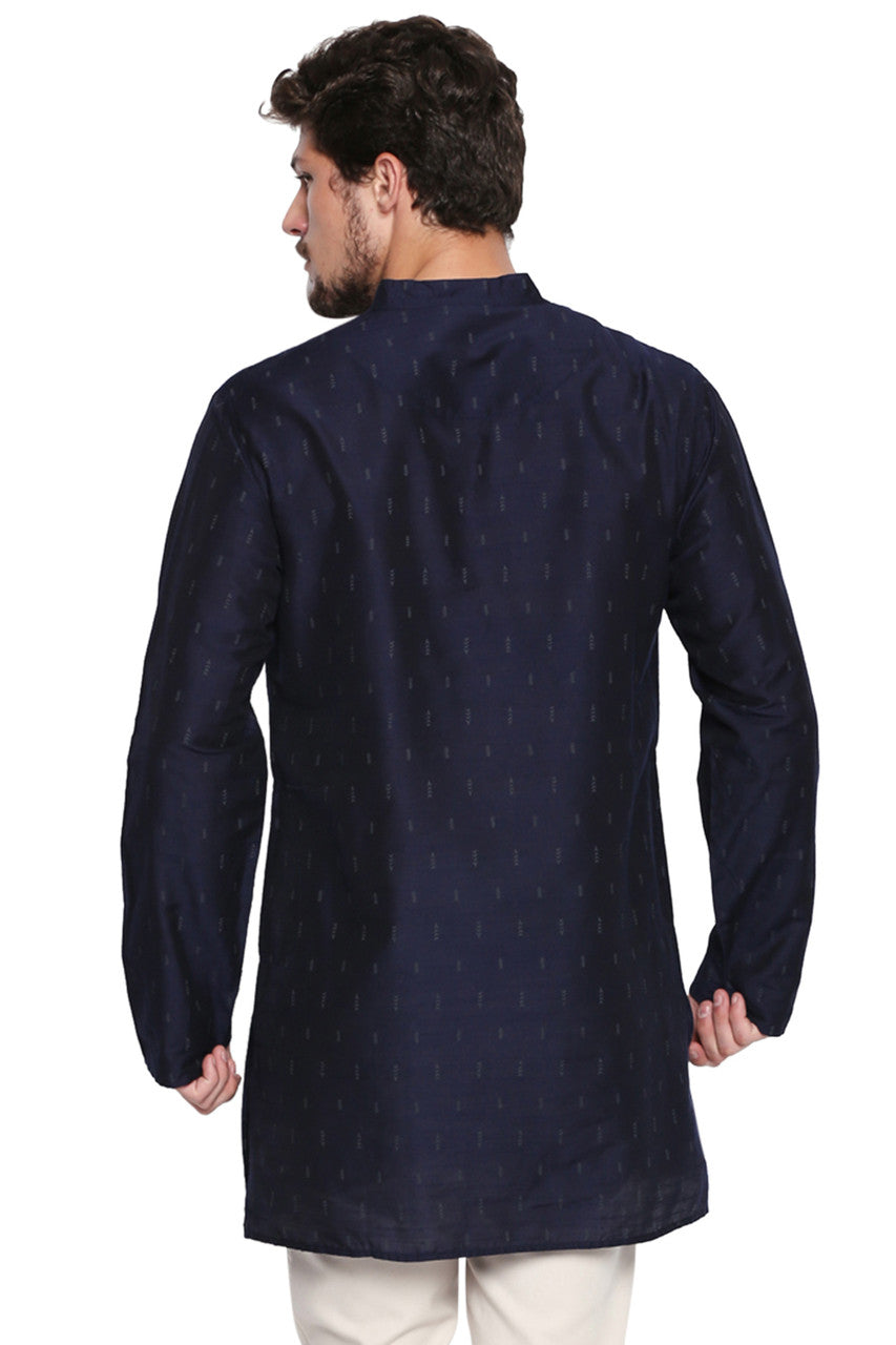 Shatranj Men's Indian Banded Collar Mid-Length Tunic Kurta Micro Dobby Pattern Navy