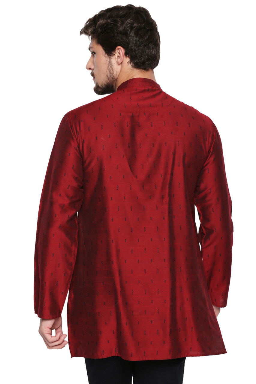 Shatranj Men's Indian Banded Collar Mid-Length Tunic Kurta Micro Dobby Pattern Maroon
