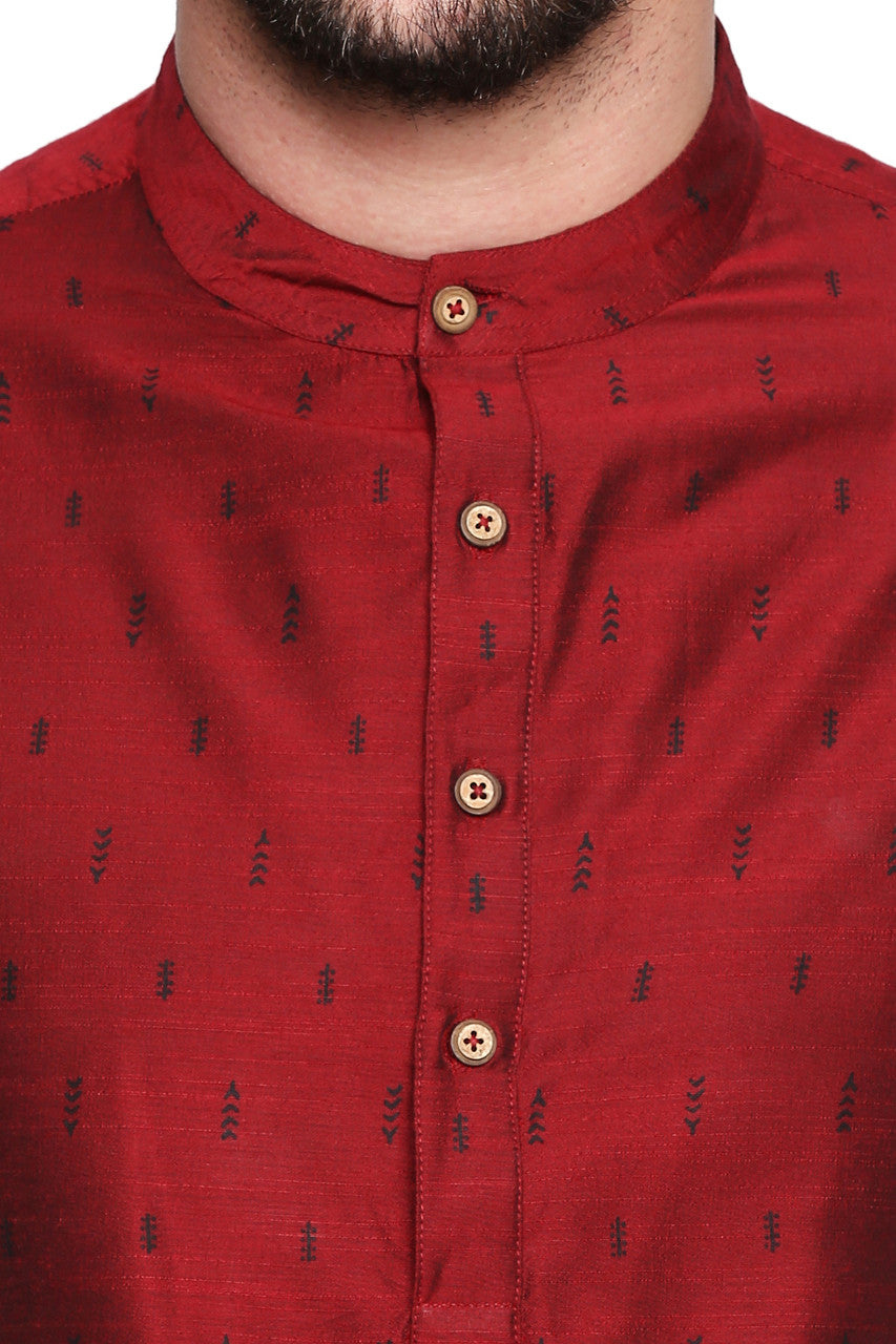 Shatranj Men's Indian Banded Collar Mid-Length Tunic Kurta Micro Dobby Pattern Maroon