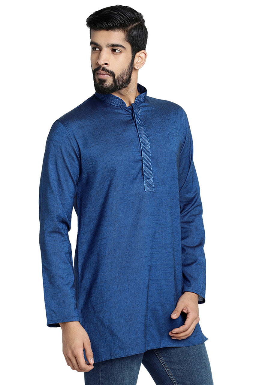 Shatranj Men's Indian Banded Collar Classic Kurta Tunic With Embroidered Placket