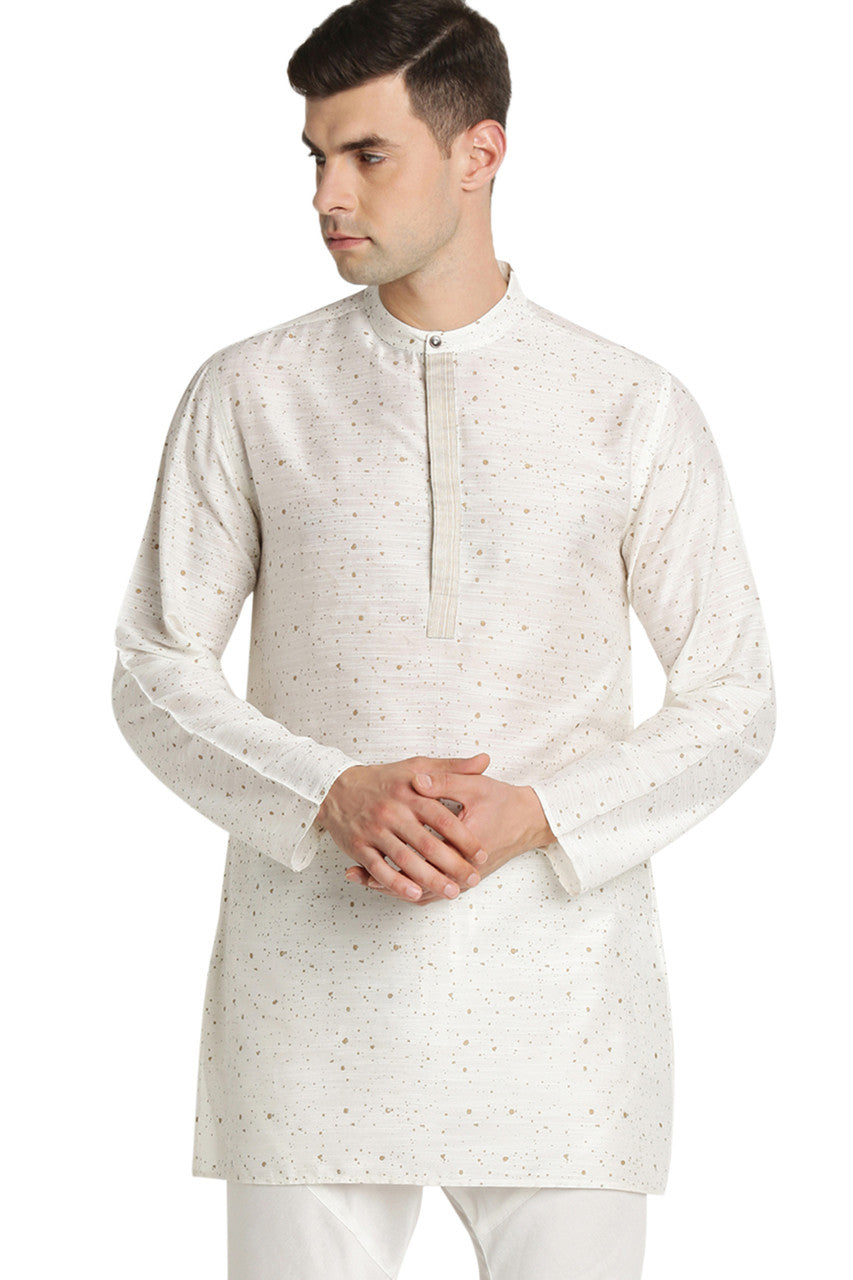 Shatranj Men's Indian Band Collar Mid-Length Tunic Kurta Space Dobby Print