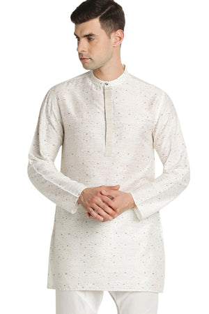 Shatranj Men's Indian Band Collar Mid-Length Tunic Kurta Space Dobby Print
