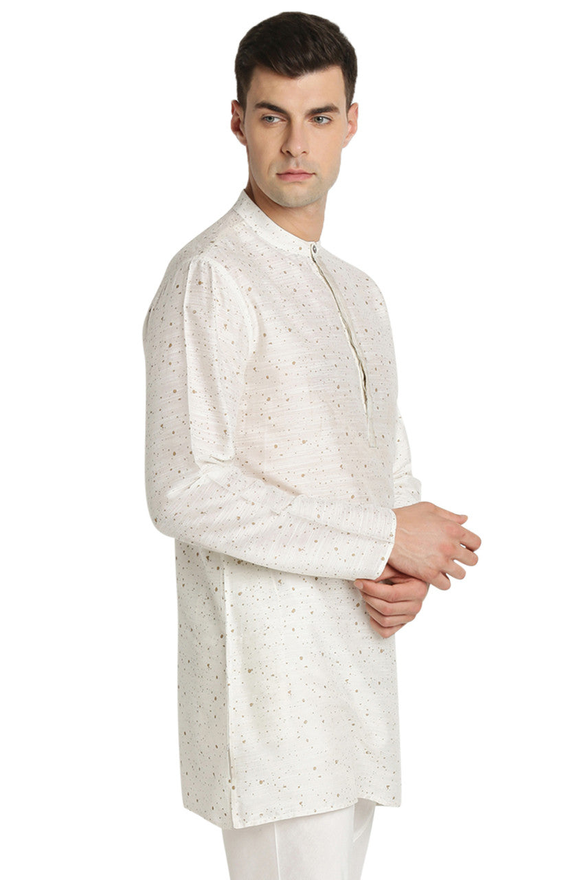 Shatranj Men's Indian Band Collar Mid-Length Tunic Kurta Space Dobby Print