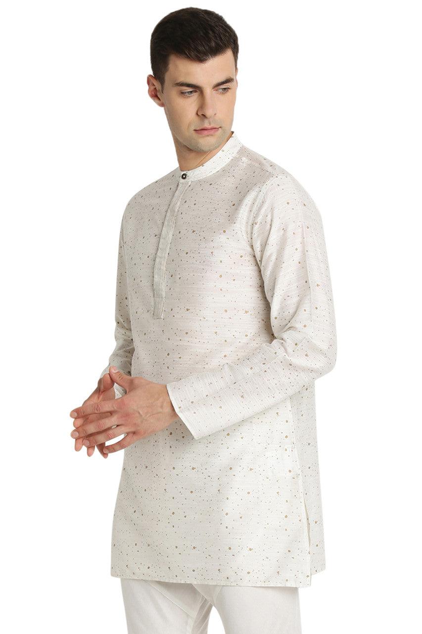 Shatranj Men's Indian Band Collar Mid-Length Tunic Kurta Space Dobby Print