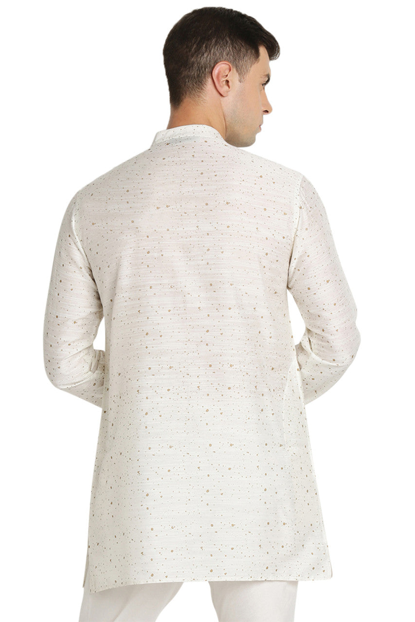 Shatranj Men's Indian Band Collar Mid-Length Tunic Kurta Space Dobby Print