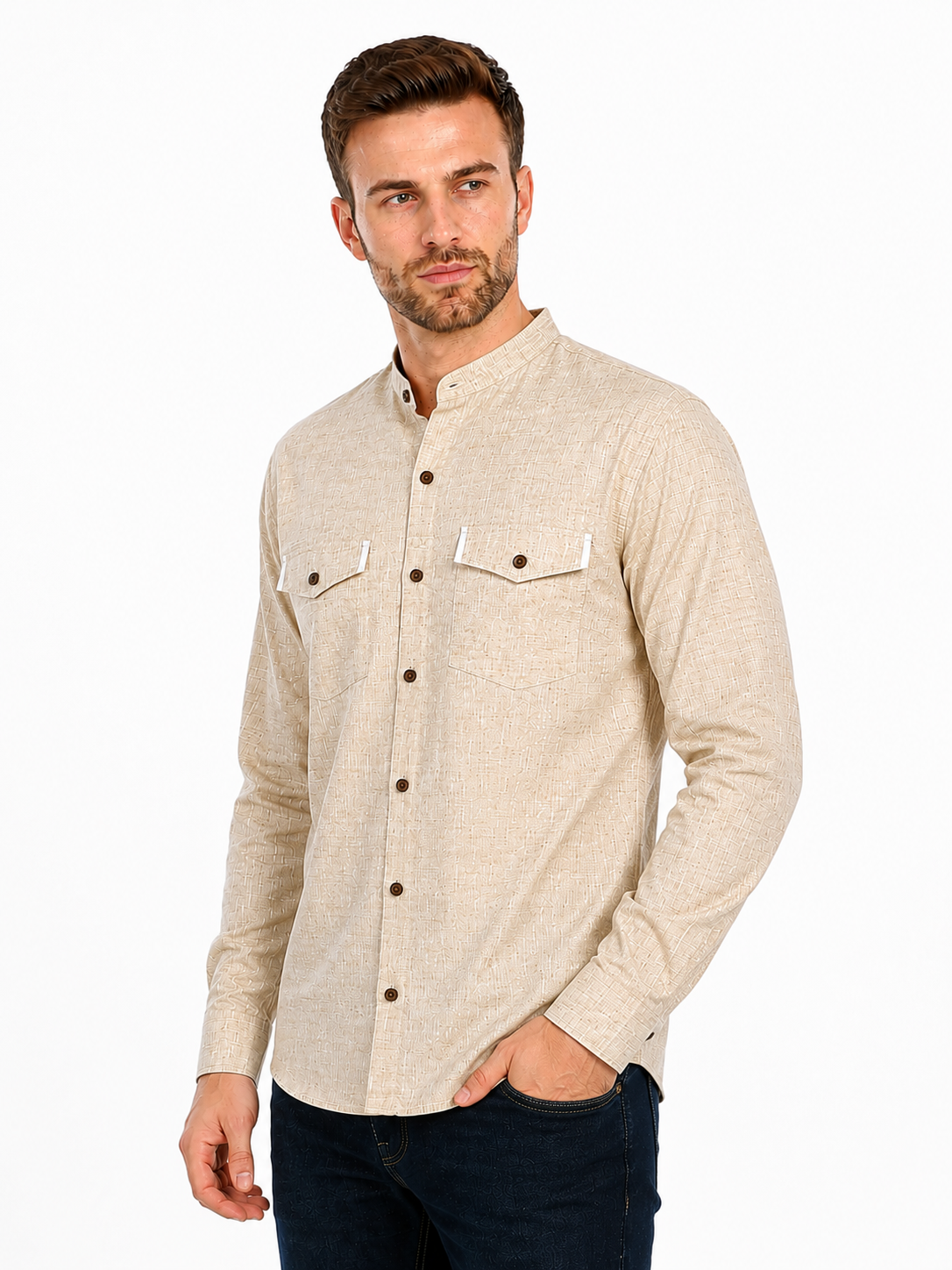 In-Sattva Men's Double-Breasted Pullover Sattva-Collar Henley Style Kurta Tunic; Espresso Brown