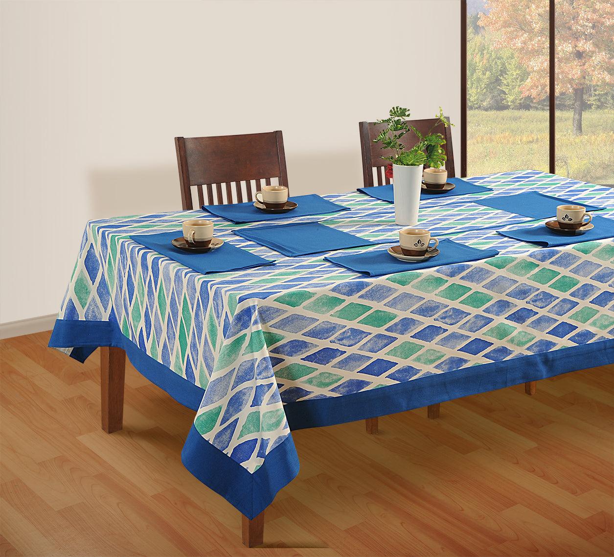 In-Sattva Home 100% Cotton Boho Mosaic Diamond Tile Print Washable Rectangular Table Cover Cloth Blue