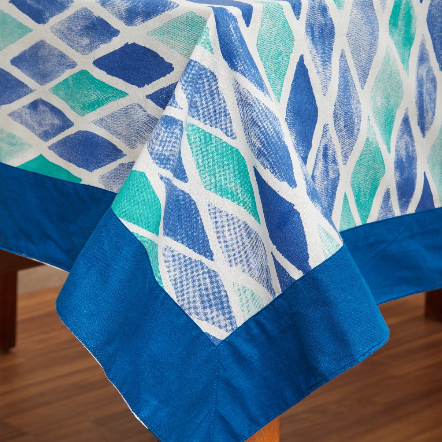 In-Sattva Home 100% Cotton Boho Mosaic Diamond Tile Print Washable Rectangular Table Cover Cloth Blue