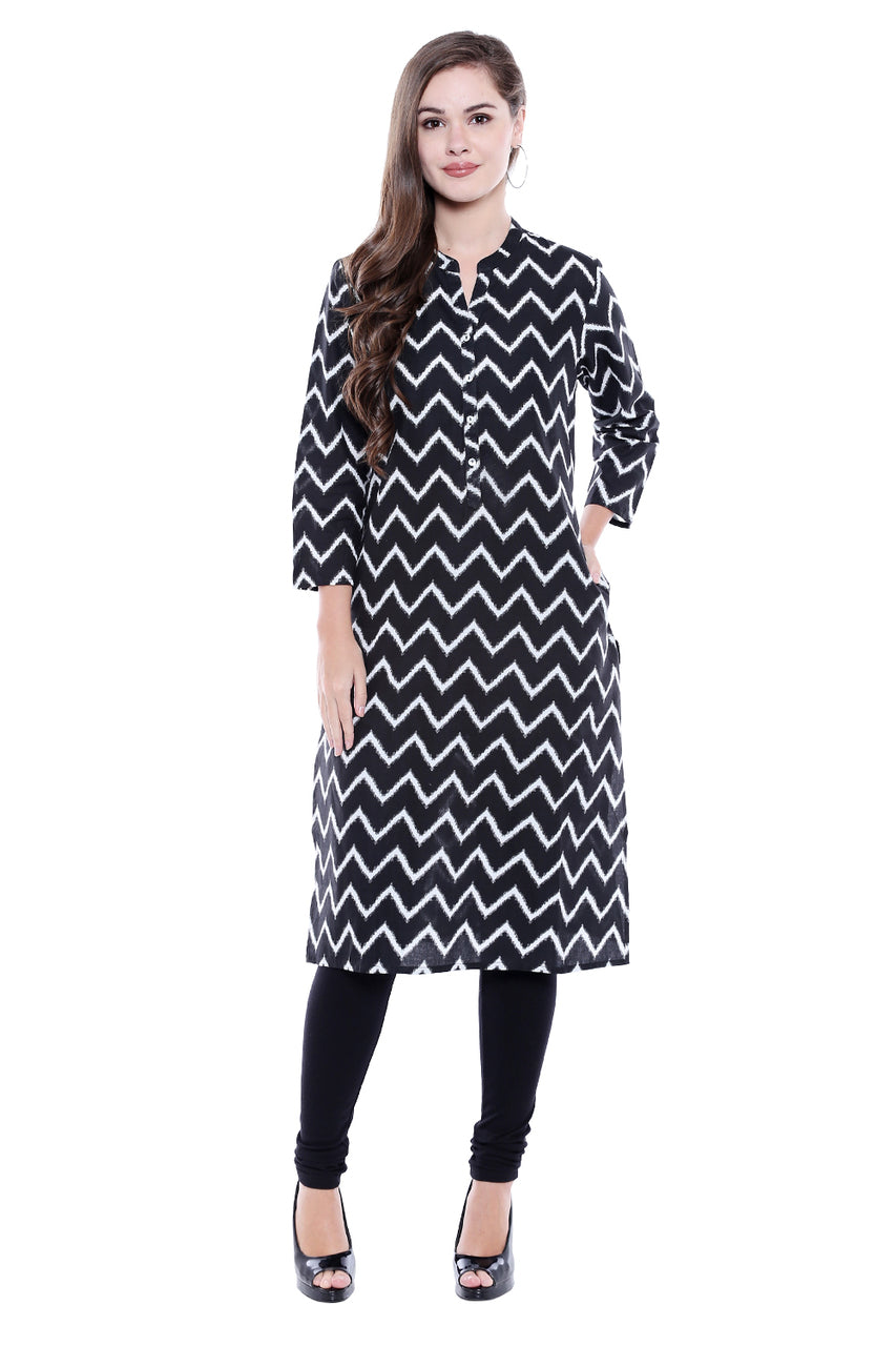 Women's Indian Cotton Kurta Tunic -with Zig-Zag Print | In-Sattva