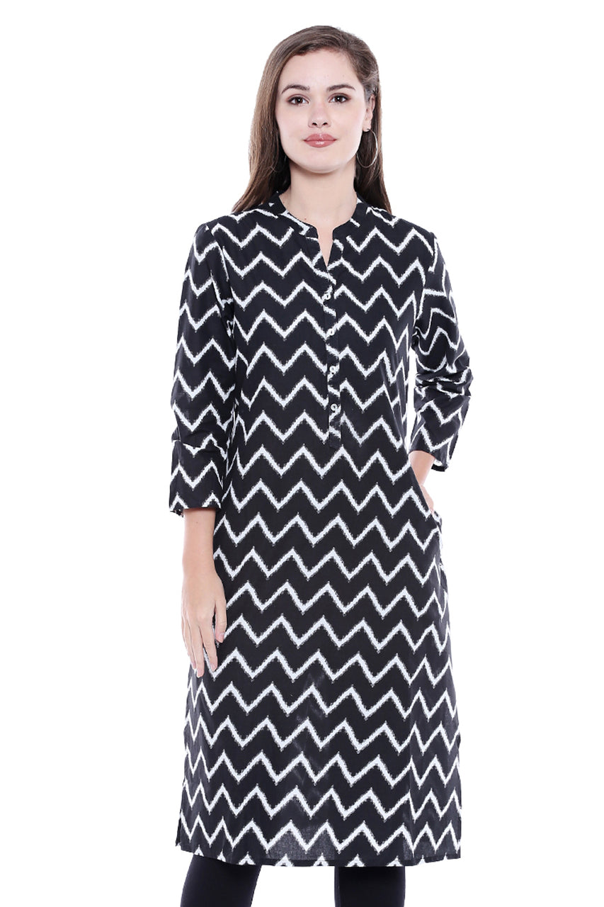 Women's Indian Cotton Kurta Tunic -with Zig-Zag Print | In-Sattva