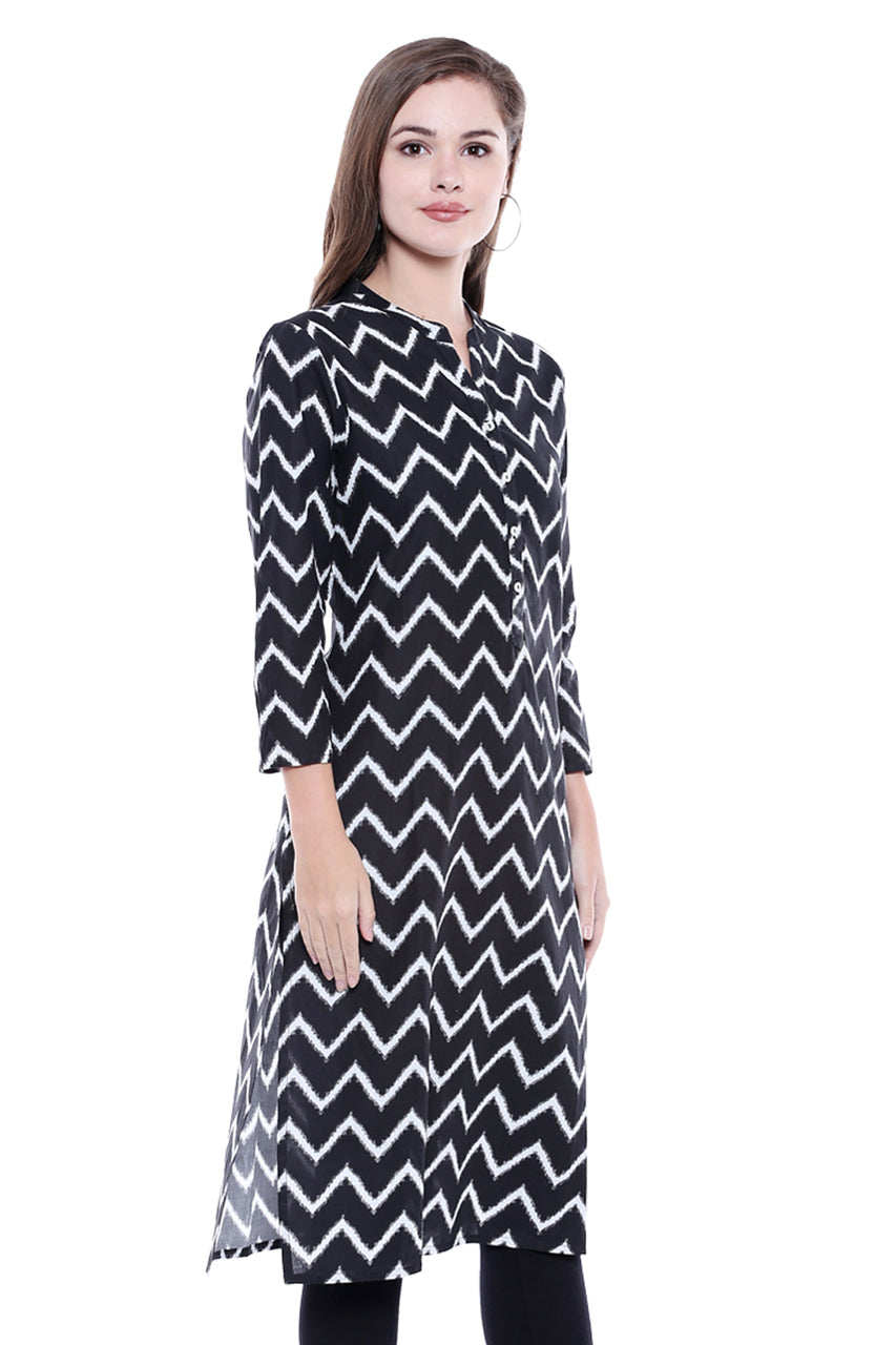 Women's Indian Cotton Kurta Tunic -with Zig-Zag Print | In-Sattva