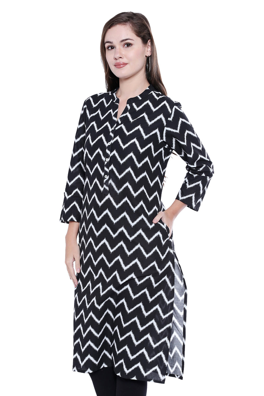 Women's Indian Cotton Kurta Tunic -with Zig-Zag Print | In-Sattva