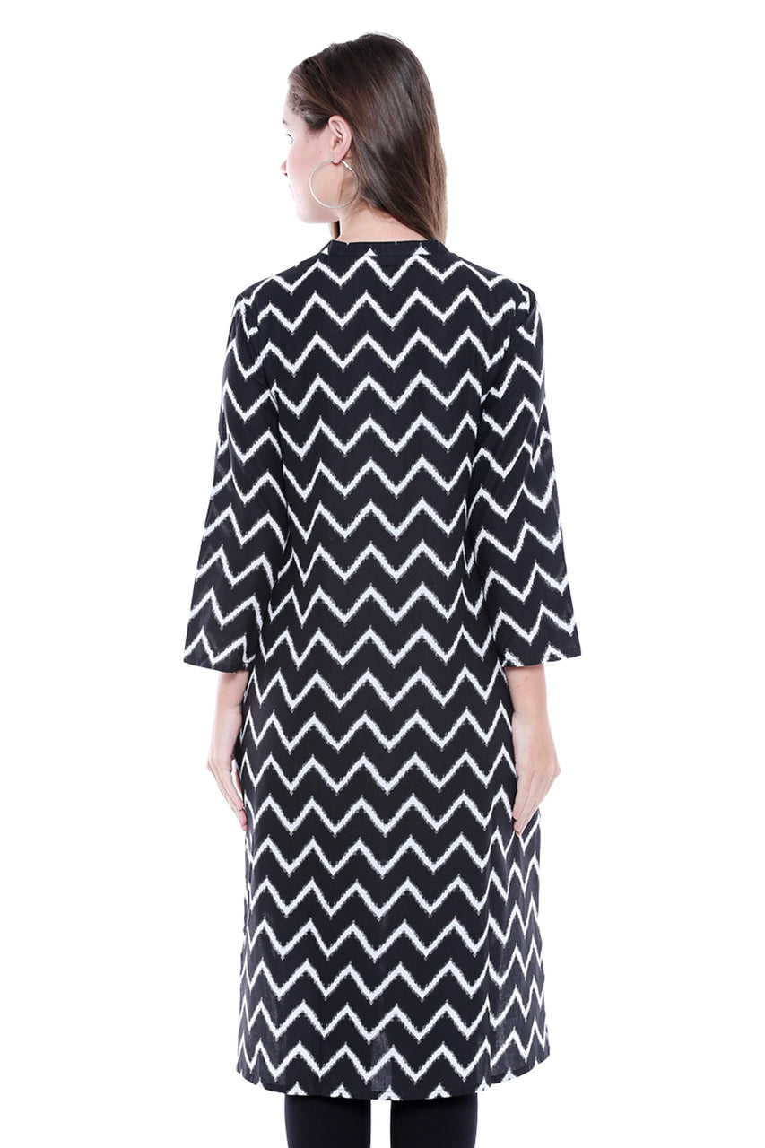 Women's Indian Cotton Kurta Tunic -with Zig-Zag Print | In-Sattva