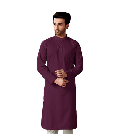 In-Sattva Men's Indian Banded Classic Collar Pure Cotton Long Ruby Wine Kurta Tunic