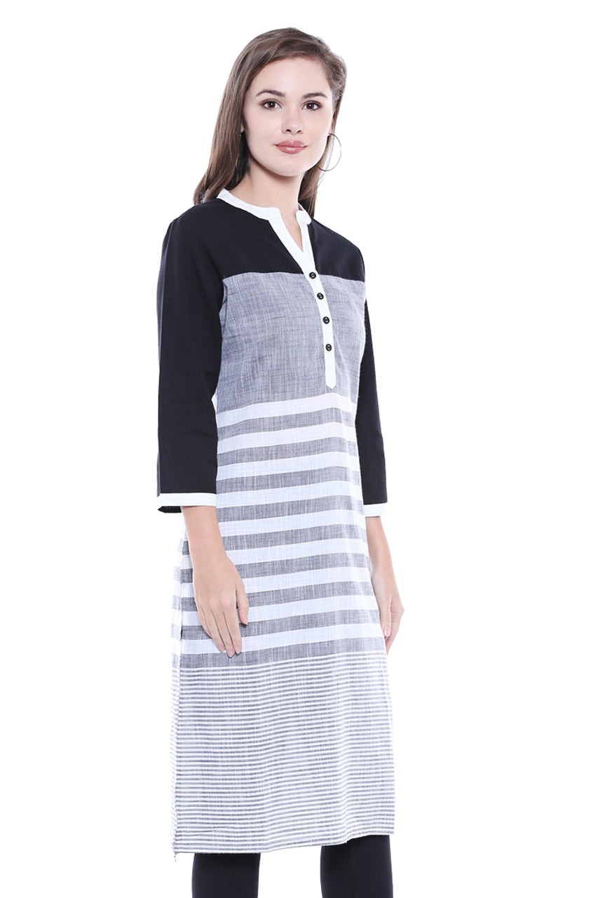 Women's Indian Kurta Tunic - Three-Tone Stripe Print - Side | In-Sattva