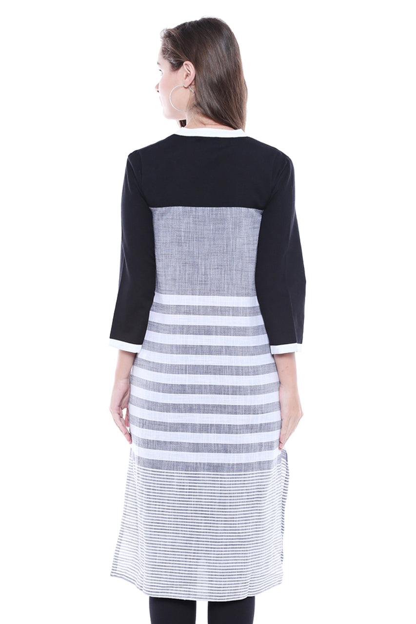 Women's Indian Kurta Tunic - Three-Tone Stripe Print - Back | In-Sattva