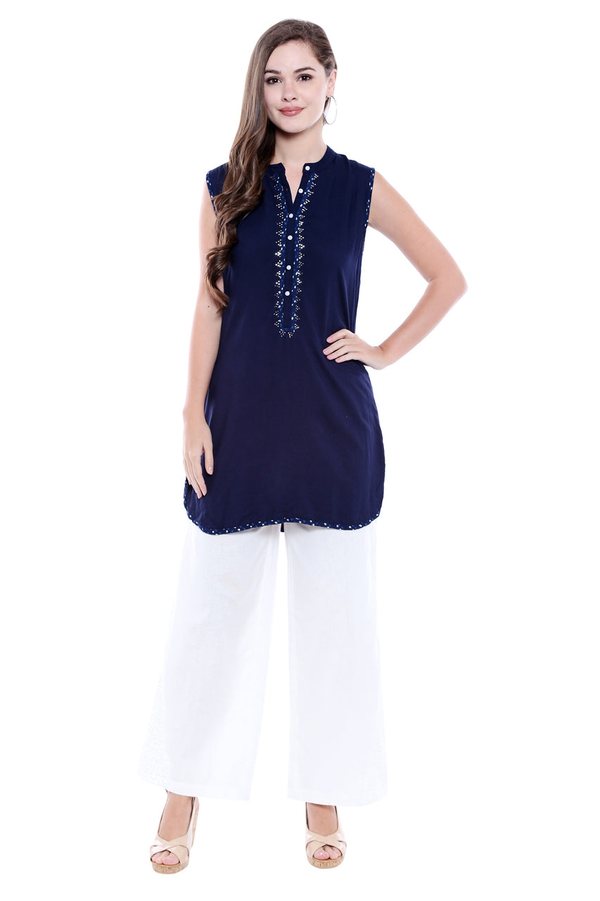 In-Sattva Women's Indian Summer Patterned Placket Sleeveless Kurta Tunic