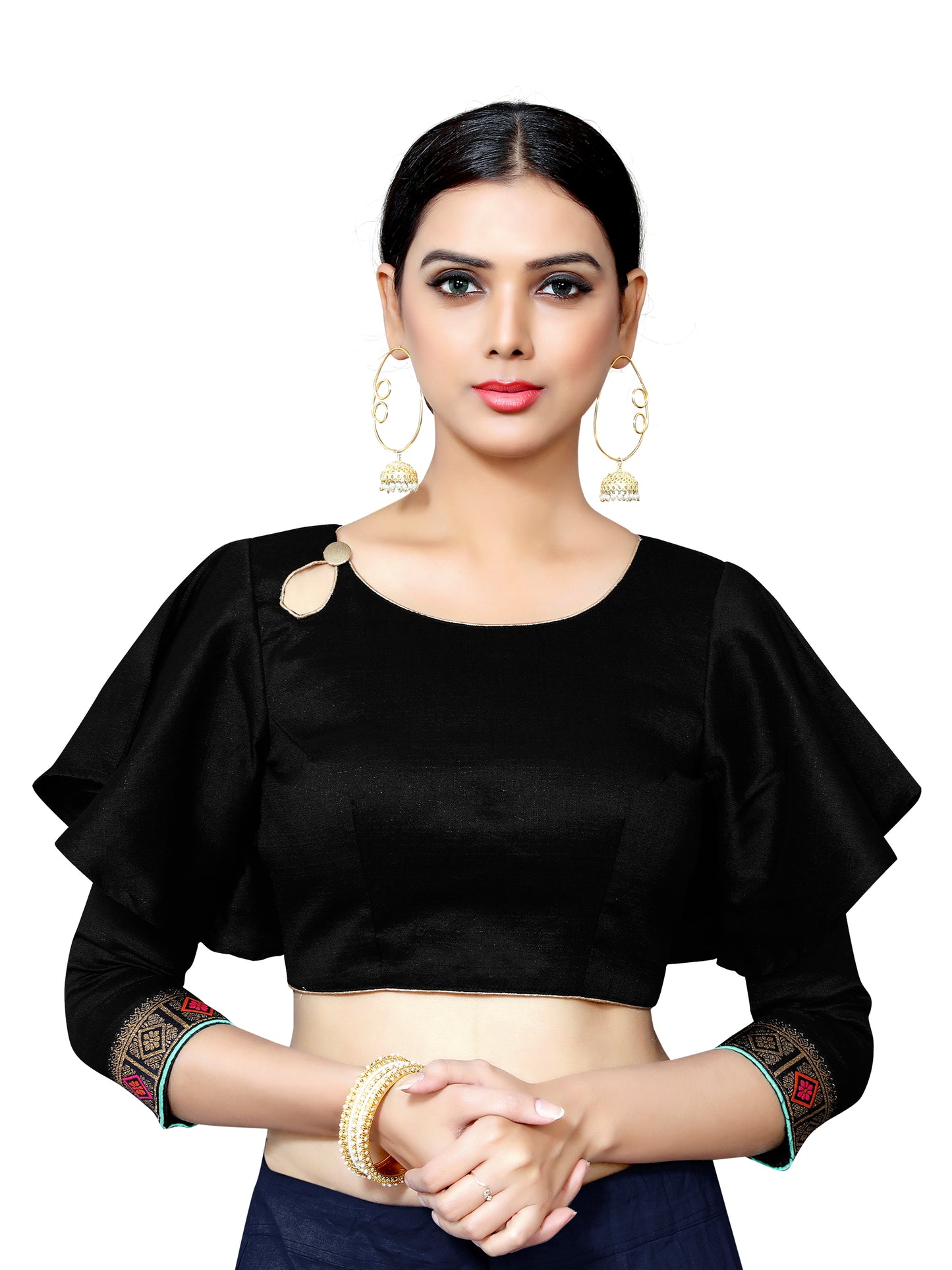 In-Sattva Women's Cotton Bell Sleeve Button Blouse; Charcoal Black