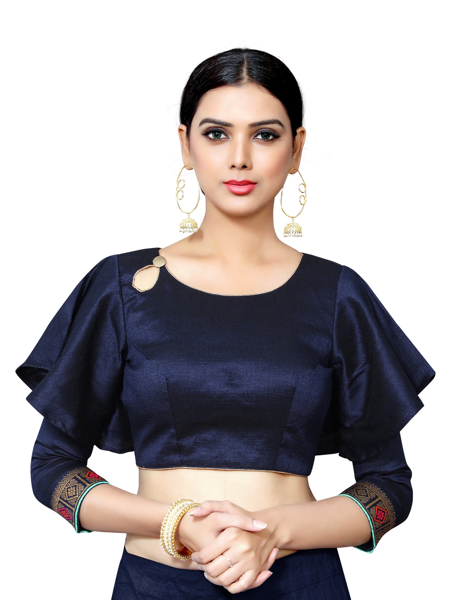 In-Sattva Women's Cotton Bell Sleeve Button Blouse; Midnight Blue