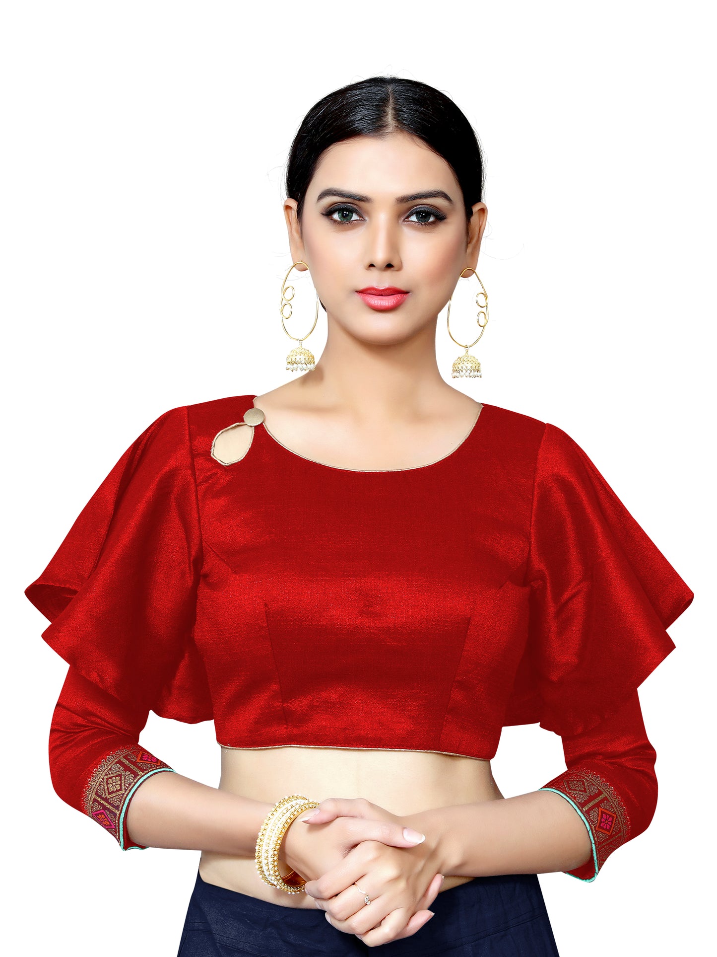 In-Sattva Women's Cotton Bell Sleeve Button Blouse; Ruby Red