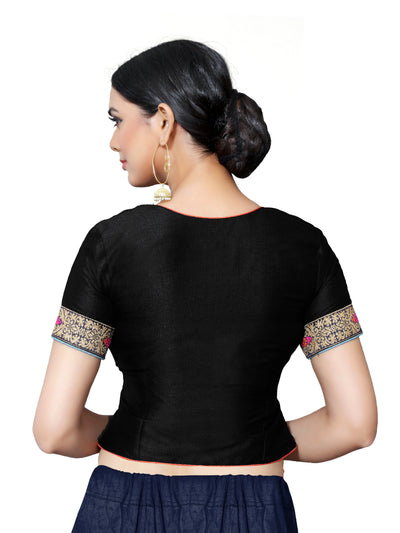In-Sattva Women's Silk Short Sleeve Lace Blouse; Jet Black