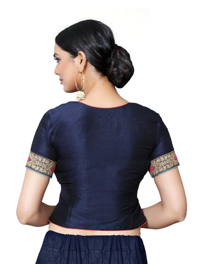 In-Sattva Women's Silk Short Sleeve Lace Blouse; Ocean Blue