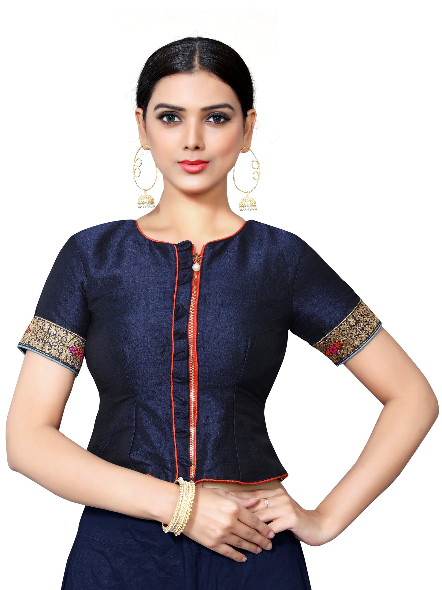 In-Sattva Women's Silk Short Sleeve Lace Blouse; Ocean Blue