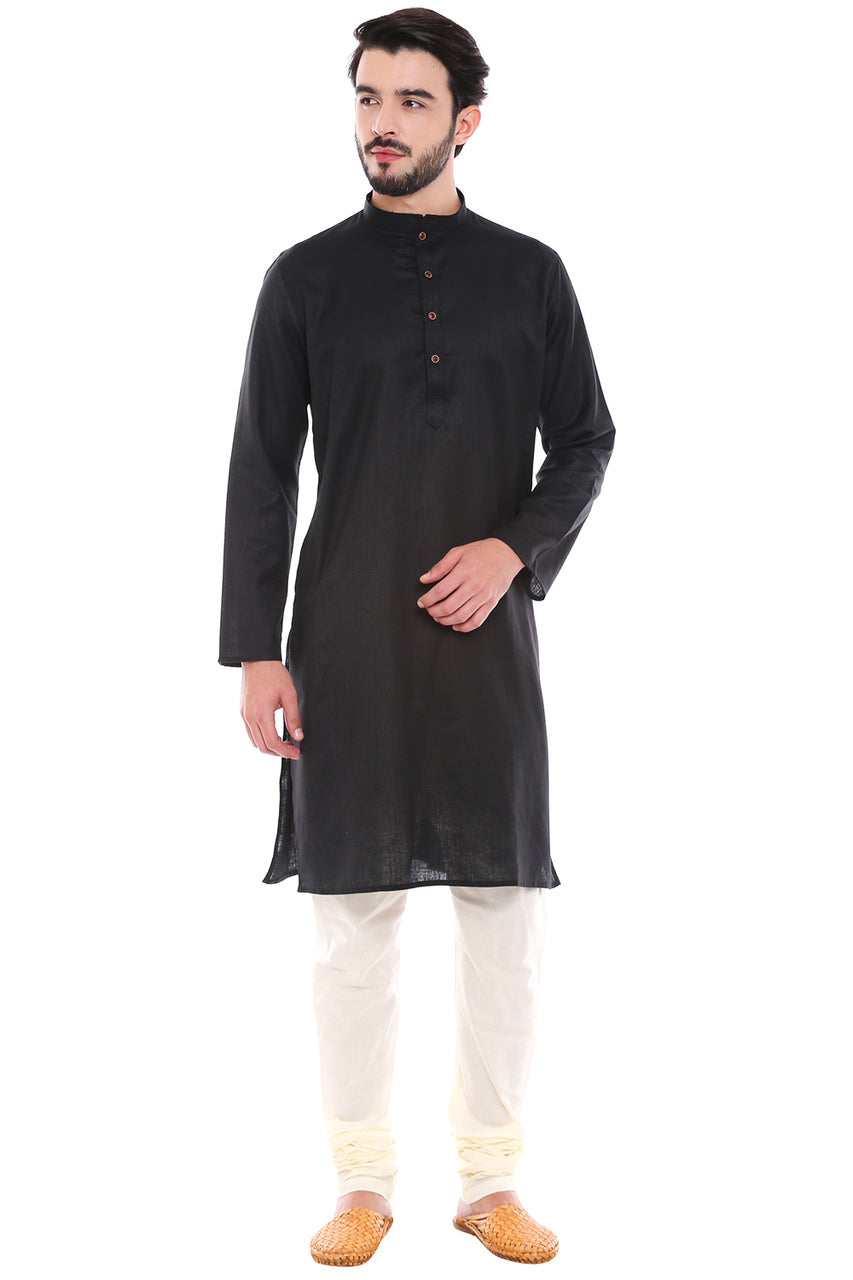 In-Sattva Men's Indian Classic Textured Pure Cotton Kurta Tunic with Band Collar Black