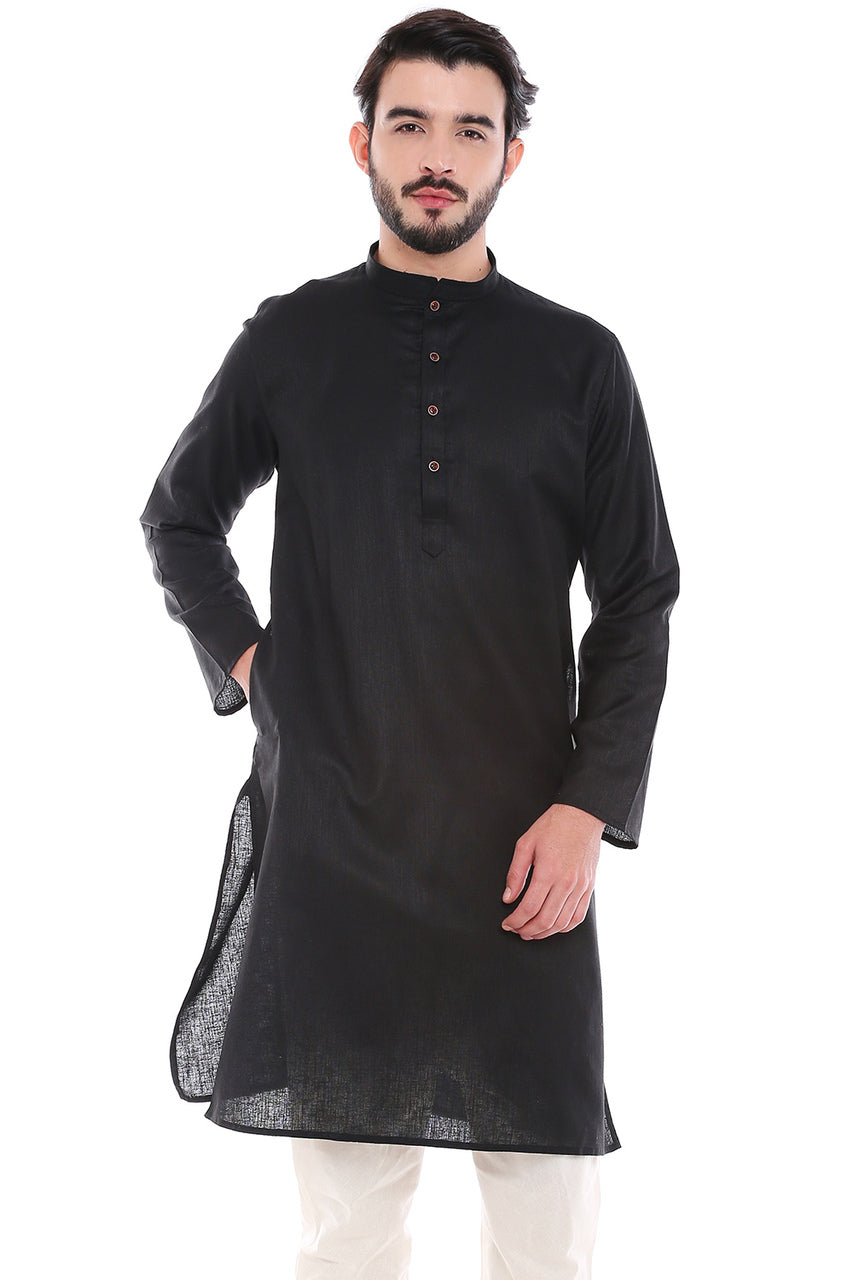 In-Sattva Men's Indian Classic Textured Pure Cotton Kurta Tunic with Band Collar Black