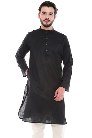 In-Sattva Men's Indian Classic Textured Pure Cotton Kurta Tunic with Band Collar Black