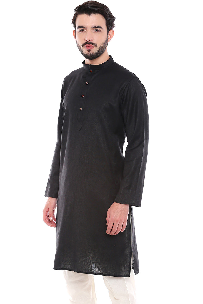 In-Sattva Men's Indian Classic Textured Pure Cotton Kurta Tunic with Band Collar Black