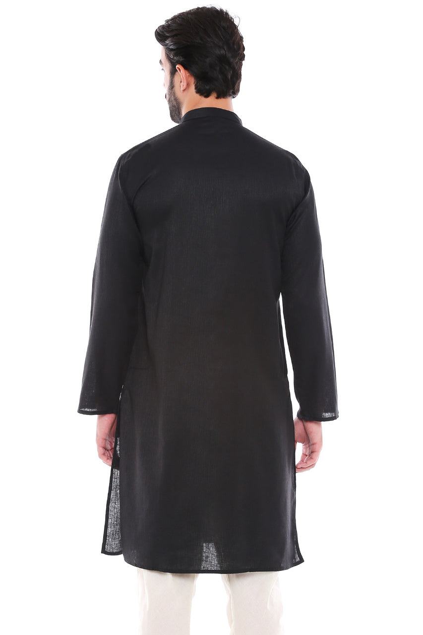 In-Sattva Men's Indian Classic Textured Pure Cotton Kurta Tunic with Band Collar Black