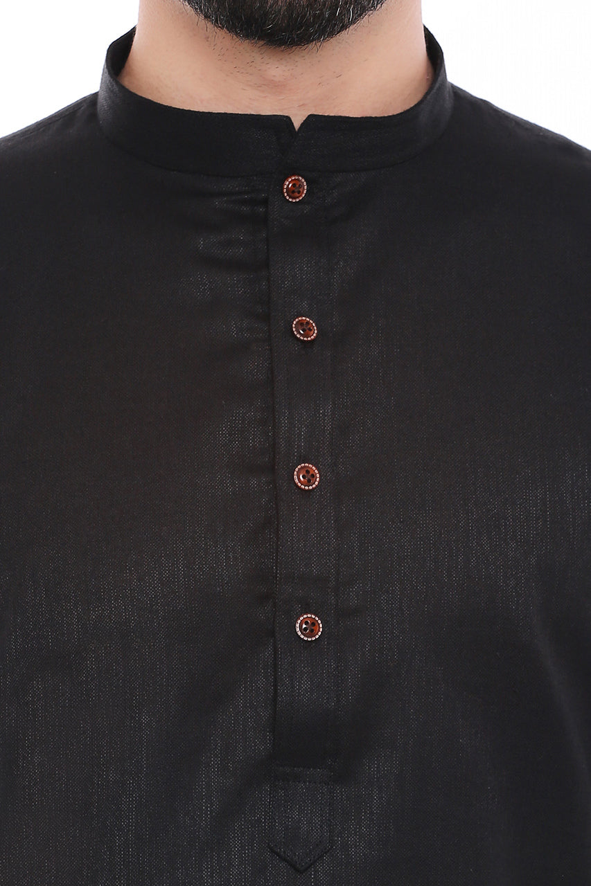 In-Sattva Men's Indian Classic Textured Pure Cotton Kurta Tunic with Band Collar Black