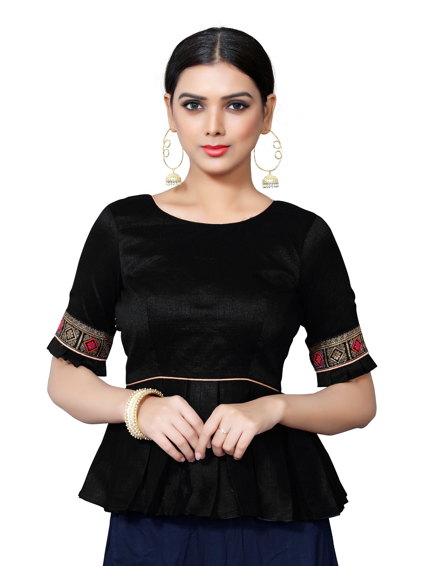 In-Sattva Women's Silk Lace Button Half Sleeve Blouse; Ink Black