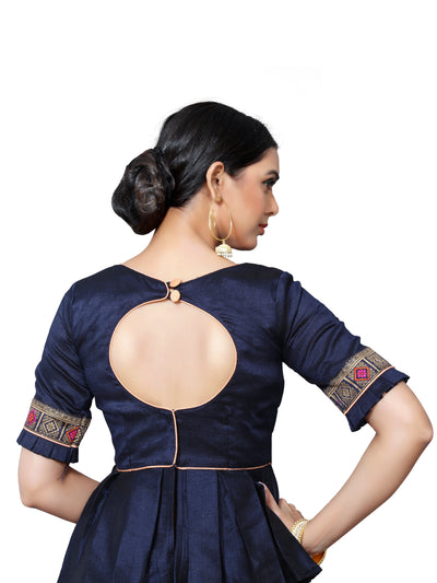 In-Sattva Women's Silk Lace Button Half Sleeve Blouse; Navy Blue